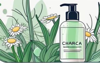 A skincare product bottle with soothing aloe vera leaves and calming chamomile flowers around it