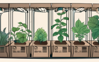 A diy cardboard grow box with various stages of plant growth inside