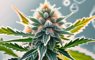 A cannabis plant with a close-up view of the trichomes