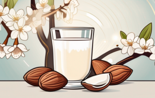 A glass of almond milk surrounded by whole almonds and almond blossoms