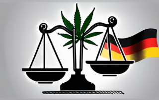 A balanced scale with a marijuana leaf on one side and the german flag on the other