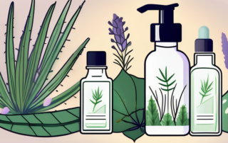 A bottle of hemp oil surrounded by various natural ingredients like hemp leaves