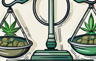 A balanced scale with cannabis leaves on one side and symbols of health