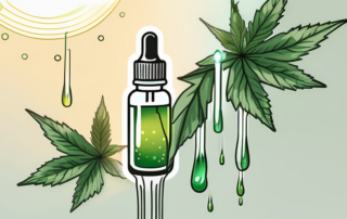 A cbd oil dropper with a few drops falling into a leaf