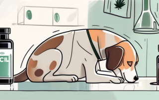 A dog and a cat looking curiously at a bottle of cbd oil on a table