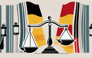 A symbolic balance scale with drug paraphernalia on one side and legal gavels on the other