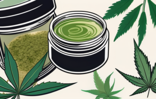 A jar of hemp salve surrounded by hemp leaves