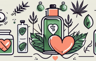 A bottle of hemp oil surrounded by various symbols of health