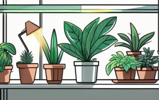 Several different types of led grow lights shining down on a variety of thriving indoor plants