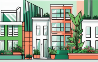 A vibrant cityscape with various urban gardening elements