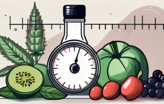 A dropper bottle of hemp oil with a measuring spoon and a scale