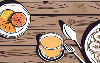 A vibrant breakfast spread consisting of fresh fruits