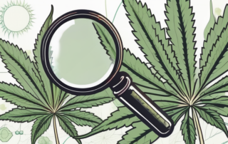 A cannabis plant with a magnifying glass focusing on its buds