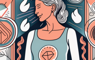 A jar of progesterone cream surrounded by symbols of menopause such as a hot flash symbol