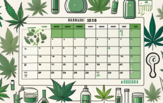 A calendar surrounded by various marijuana-themed items like a cannabis leaf