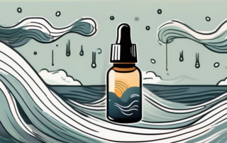 A cbd oil dropper with symbolic elements like a storm cloud and calming waves