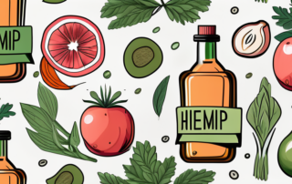 A bottle of hemp oil surrounded by healthy fruits and vegetables