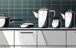 Several stylish vega pots arranged neatly on a modern kitchen countertop