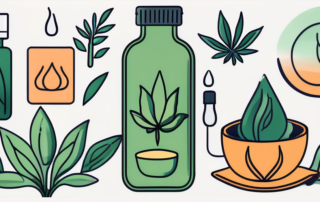 A cbd oil bottle with a hemp leaf on it