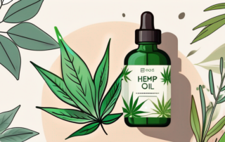 A bottle of hemp oil surrounded by various natural elements like leaves and flowers
