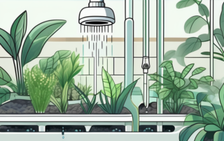 An automatic watering system in a lush indoor garden with various types of plants