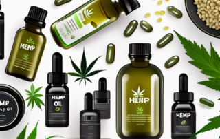 Various hemp oil products such as a bottle of hemp oil