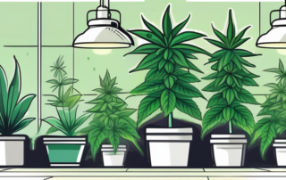 A lush cannabis plant in a well-maintained indoor garden setup