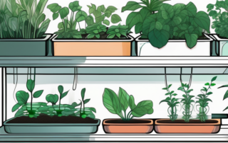 A click and grow indoor garden system with various plants growing in it