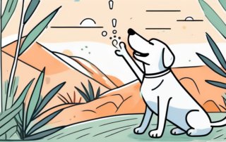 A dog happily playing with a dropper bottle of cbd oil in a peaceful and natural environment