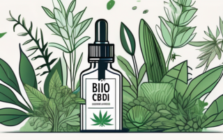 A dropper bottle of bio cbd oil surrounded by various organic plants and herbs