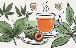 A steaming cup of hemp tea surrounded by hemp leaves and various symbols of health like a heart