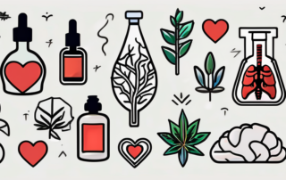 A cbd oil bottle surrounded by various symbols of health issues (like a heart for heart disease