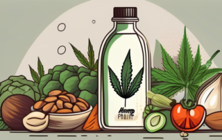 A hemp plant with oil dripping from it into a small bottle