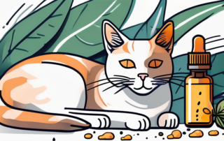 A cat peacefully resting next to a bottle of cbd oil and a dropper