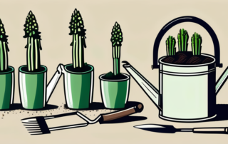 A variety of sprouting asparagus seedlings in a well-organized garden setting