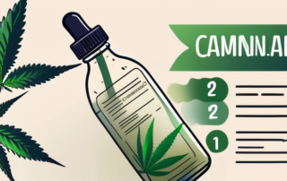 A cannabis leaf next to a bottle of cannabinol oil