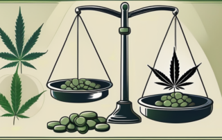A cannabis leaf on one side of a balanced scale