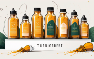 A collection of high-dose turmeric droplet bottles arranged on a podium-like structure