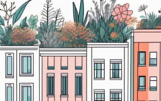 A vibrant cityscape with various plants and flowers growing on rooftops