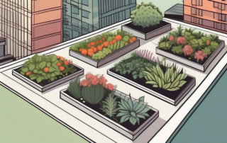 An urban rooftop garden filled with a variety of lush plants
