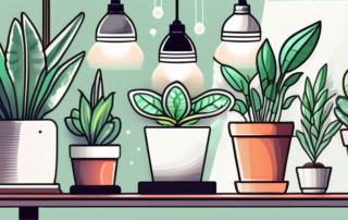 Several different models of led grow lamps shining brightly over a variety of healthy