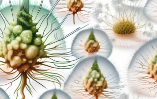A magnified view of hemp trichomes