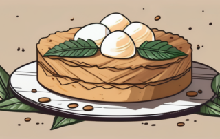 A delicious-looking torte adorned with hemp leaves on a rustic wooden table