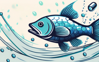A fish leaping out of water with omega-3 capsules raining down around it