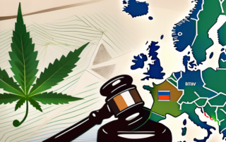 A cannabis leaf placed on top of a stylized map of europe