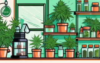 A vibrant and lively sativa cannabis plant in a well-organized shop setting