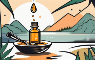 A dropper bottle of cannabis oil with a few drops falling into a spoon