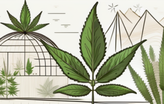 A hemp plant with its various uses symbolized in the background