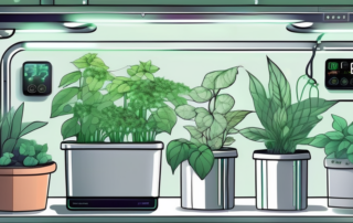 A high-tech smart grow box with various plants thriving inside