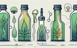 A hemp oil bottle with a stylized depiction of metabolic processes